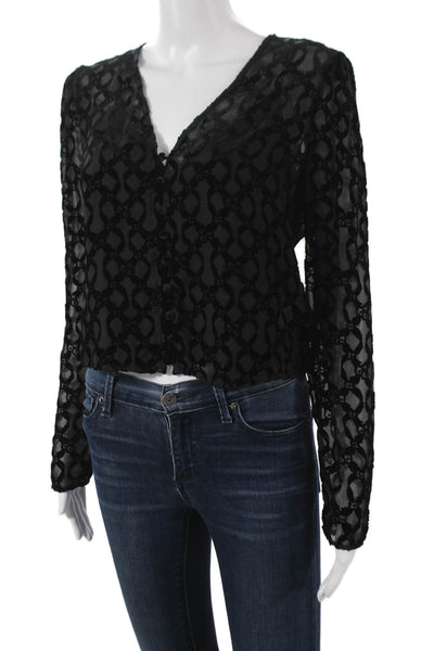 Paige Women Cropped Blouse Black V-Neck Geometric Long Sleeve Button Size 10