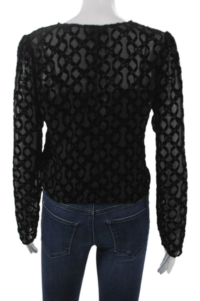 Paige Women Cropped Blouse Black V-Neck Geometric Long Sleeve Button Size 10