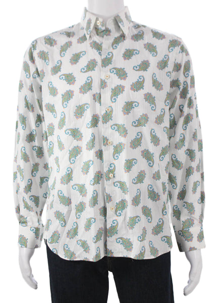 Paul Fredrick Mens Cotton Paisley Print Button Down Shirt White Size S