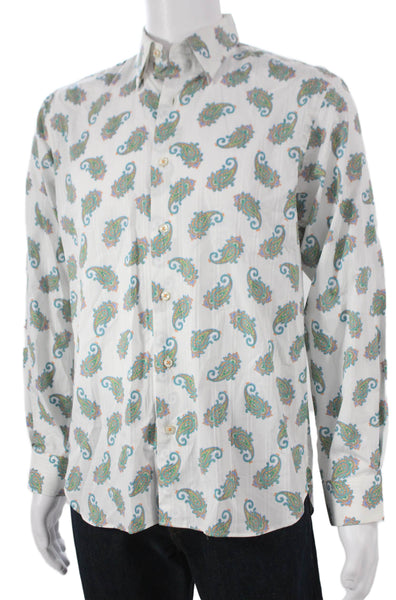 Paul Fredrick Mens Cotton Paisley Print Button Down Shirt White Size S
