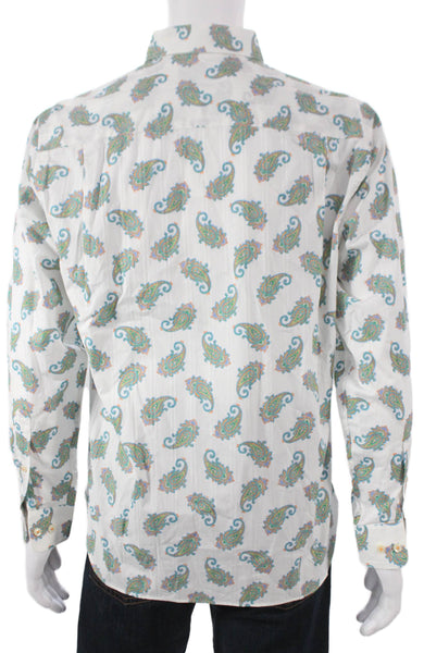 Paul Fredrick Mens Cotton Paisley Print Button Down Shirt White Size S