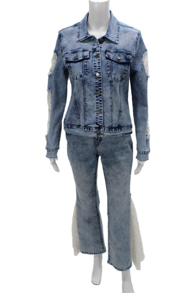 A.Z.I Womens Denim Eyelet Trim Jacket Pant Set Blue White Size Medium/4