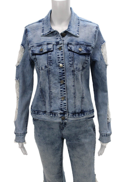A.Z.I Womens Denim Eyelet Trim Jacket Pant Set Blue White Size Medium/4