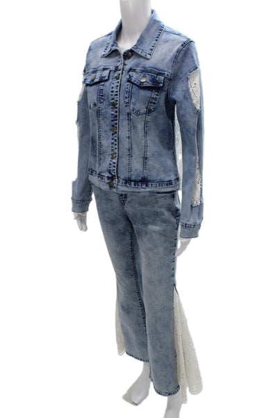 A.Z.I Womens Denim Eyelet Trim Jacket Pant Set Blue White Size Medium/4
