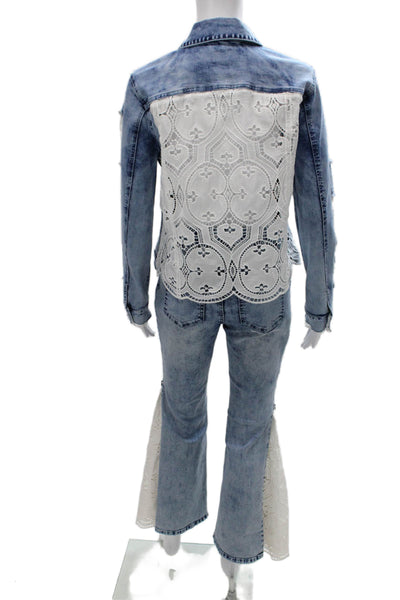 A.Z.I Womens Denim Eyelet Trim Jacket Pant Set Blue White Size Medium/4