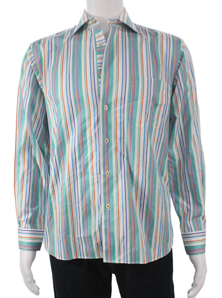 Paul Fredrick Mens Cotton Striped Print Button Down Shirt Green Size S