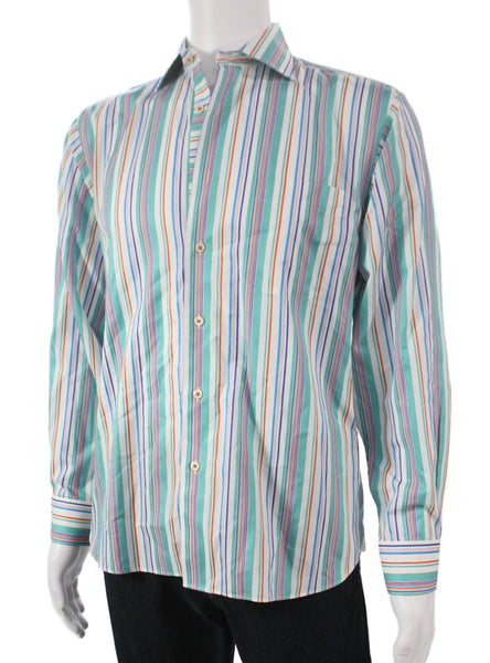 Paul Fredrick Mens Cotton Striped Print Button Down Shirt Green Size S