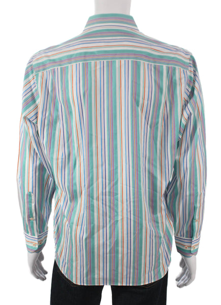 Paul Fredrick Mens Cotton Striped Print Button Down Shirt Green Size S