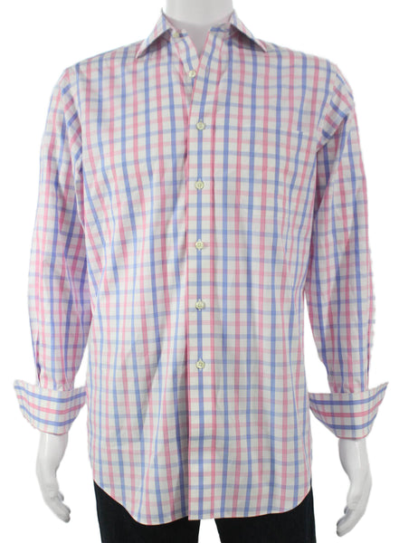 Paul Fredrick Mens Cotton Plaid Print Button Down Shirt Pink Size 32