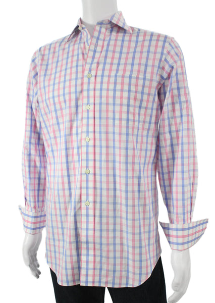 Paul Fredrick Mens Cotton Plaid Print Button Down Shirt Pink Size 32