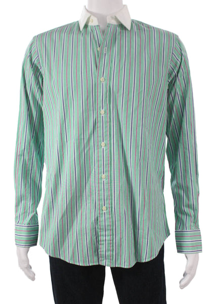 Polo Ralph Lauren Mens Cotton Striped Print Button Down Shirt Green Size M