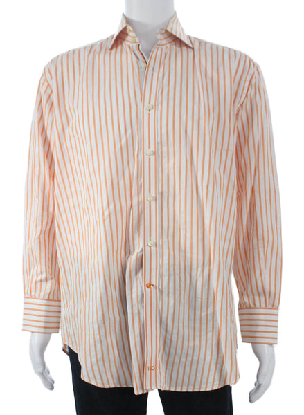 Thomas Dean Mens Cotton Striped Print Button Down Shirt Orange Size L