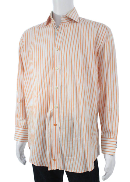 Thomas Dean Mens Cotton Striped Print Button Down Shirt Orange Size L