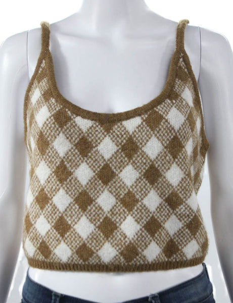 Zara Women Cropped Argyle Sleeveless Scoop Neck Brown Polyester Tank Size L