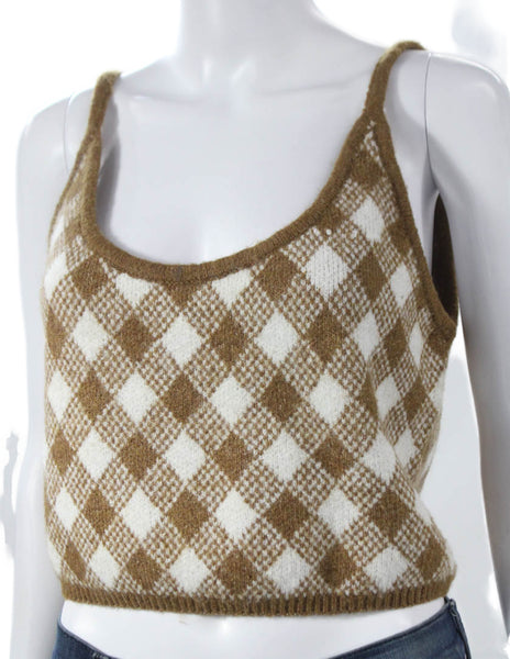 Zara Women Cropped Argyle Sleeveless Scoop Neck Brown Polyester Tank Size L