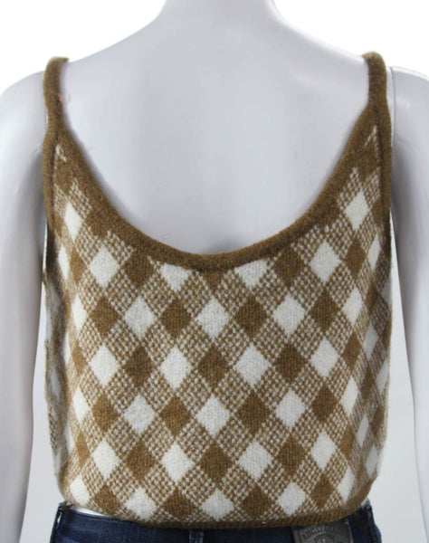 Zara Women Cropped Argyle Sleeveless Scoop Neck Brown Polyester Tank Size L