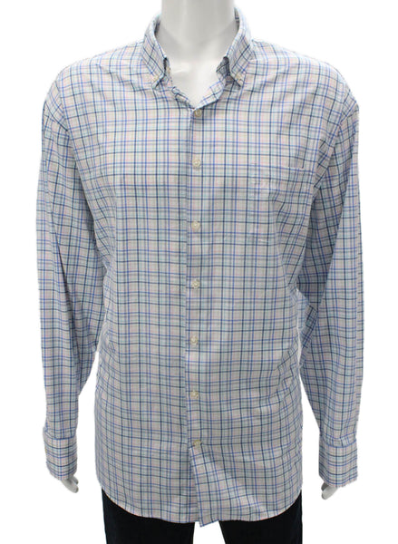 Peter Millar Mens Cotton Blend Checkered Button Up Shirt Pink Size 2XL