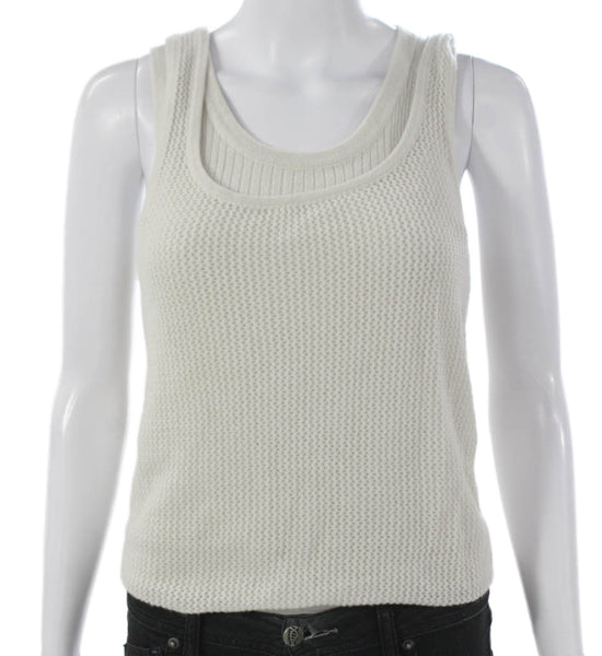 R+A Women Cashmere Basic Tank Scoop Neck Sleeveless White Pullover Size M
