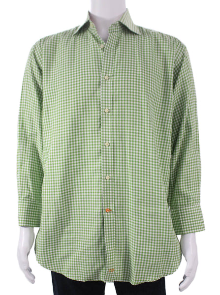 Thomas Dean Mens Cotton Gingham Print Button Down Shirt Green Size L
