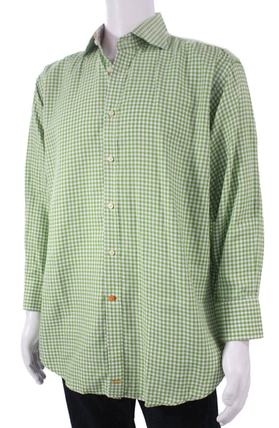 Thomas Dean Mens Cotton Gingham Print Button Down Shirt Green Size L