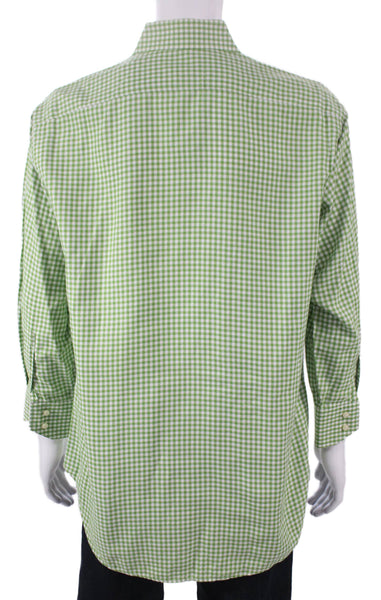 Thomas Dean Mens Cotton Gingham Print Button Down Shirt Green Size L