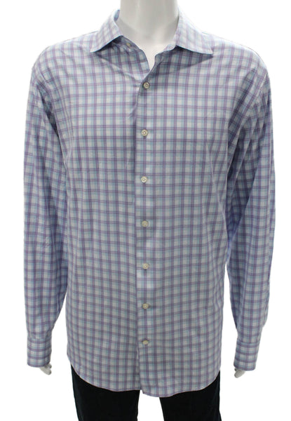 Peter Millar Mens Plaid Collared Button Up Shirt Purple Size 2XL
