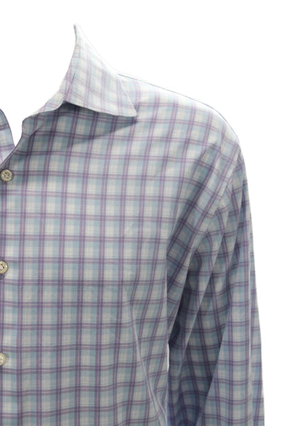 Peter Millar Mens Plaid Collared Button Up Shirt Purple Size 2XL