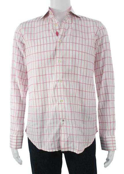 Robert Graham Mens Cotton Geometric Print Button Down Shirt White Size M