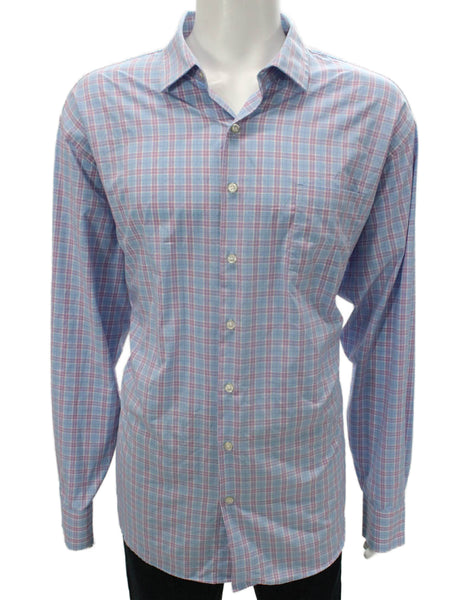 Peter Millar Mens Plaid Collared `Button Up Shirt Purple Size 2XL