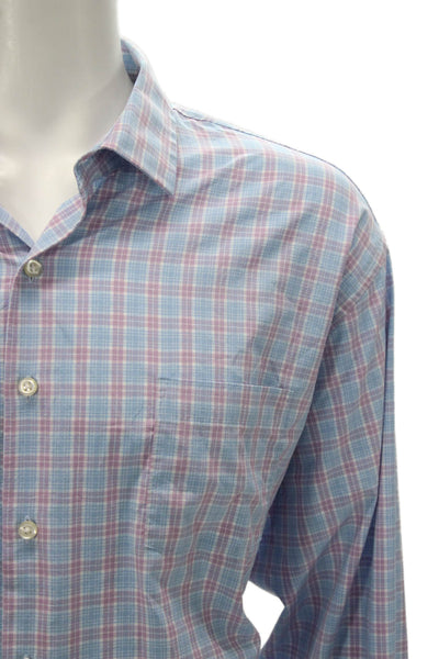Peter Millar Mens Plaid Collared `Button Up Shirt Purple Size 2XL