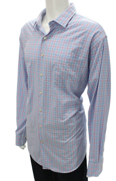 Peter Millar Mens Plaid Collared `Button Up Shirt Purple Size 2XL