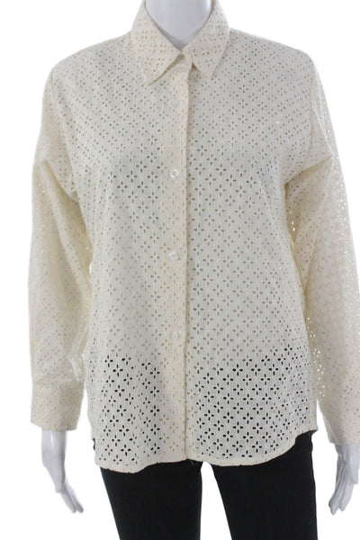 Kimberly Taylor Women Collared Geometric Cotton Button-Up Top Ivory Size S