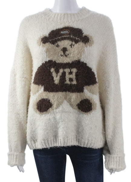 Vintage Havana Womens Sweater Ivory Bear Print Crew Neck Long Sleeve Size M