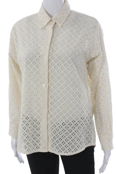 Kimberly Taylor Women Collared Geometric Cotton Button-Up Top Ivory Size S