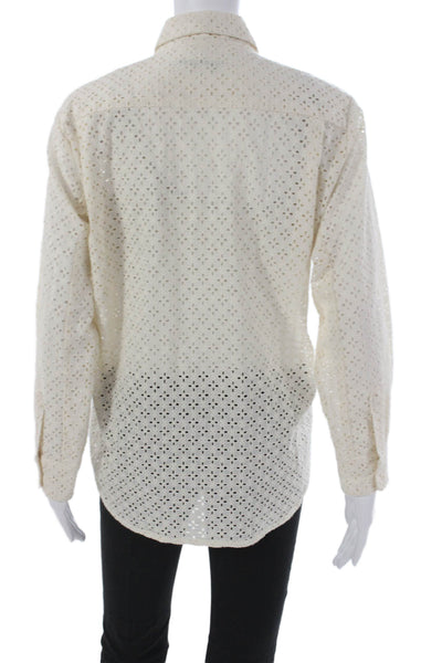 Kimberly Taylor Women Collared Geometric Cotton Button-Up Top Ivory Size S