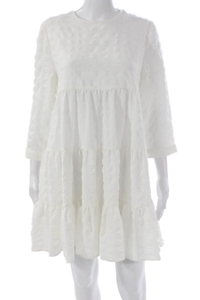 Zara Women Trapeze Swing Dress White Round Neck 3/4 Sleeve Size S