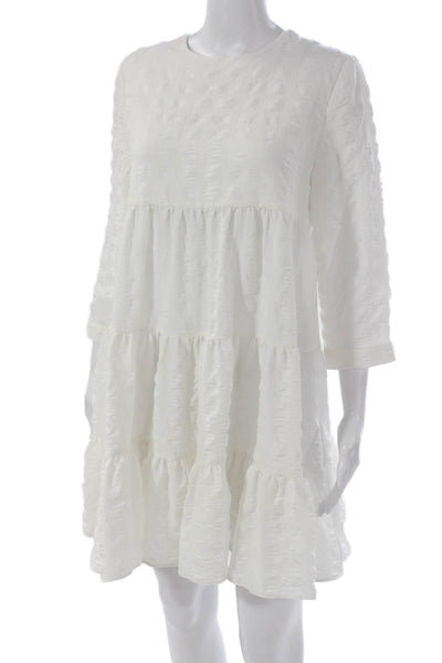 Zara Women Trapeze Swing Dress White Round Neck 3/4 Sleeve Size S