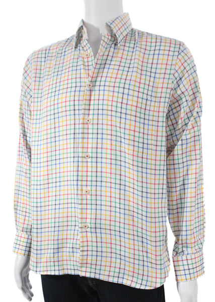 Paul Fredrick Mens Cotton Collared Rainbow Geometric Button Down White Size S