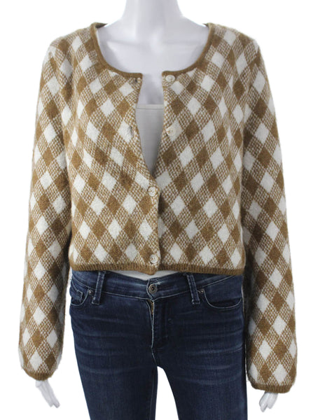 Zara Women Cardigan Sweater Brown Argyle Long Sleeve Polyester Size L
