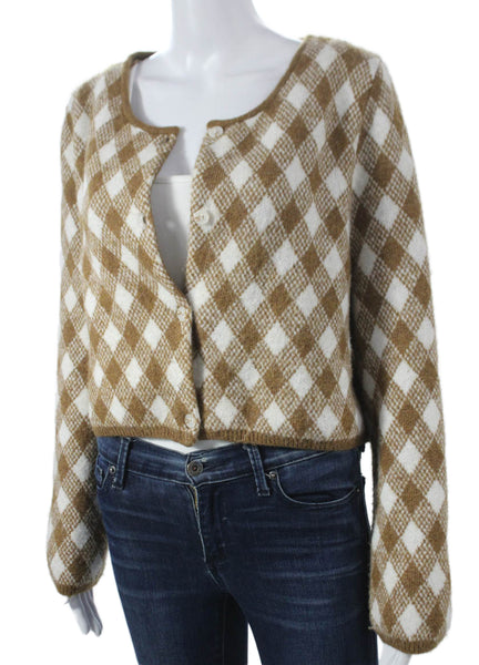 Zara Women Cardigan Sweater Brown Argyle Long Sleeve Polyester Size L