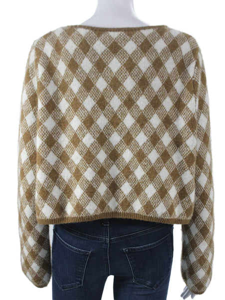 Zara Women Cardigan Sweater Brown Argyle Long Sleeve Polyester Size L