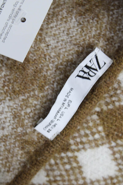 Zara Women Cardigan Sweater Brown Argyle Long Sleeve Polyester Size L