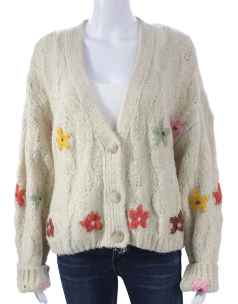 Zara Womens Beige Floral Acrylic V-Neck Long Sleeve Cardigan Size L