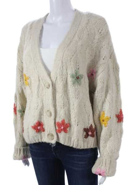 Zara Womens Beige Floral Acrylic V-Neck Long Sleeve Cardigan Size L