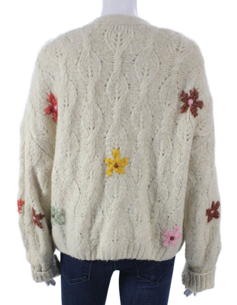 Zara Womens Beige Floral Acrylic V-Neck Long Sleeve Cardigan Size L