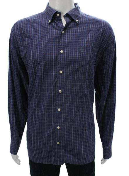 Peter Millar Mens Cotton Blend Checkered Button Up Shirt Navy Size 2XL