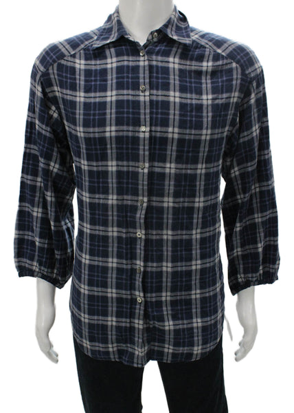 Vince Mens Plaid Long Sleeves Button Down Shirt Blue Cotton Size Small