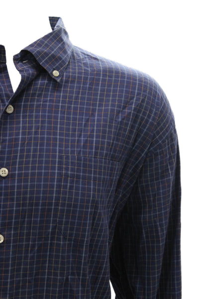 Peter Millar Mens Cotton Blend Checkered Button Up Shirt Navy Size 2XL