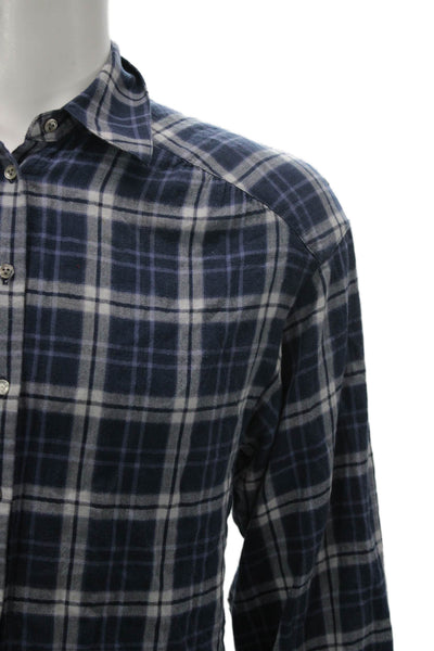 Vince Mens Plaid Long Sleeves Button Down Shirt Blue Cotton Size Small