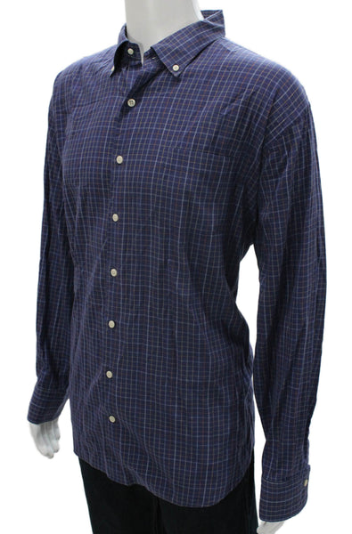 Peter Millar Mens Cotton Blend Checkered Button Up Shirt Navy Size 2XL